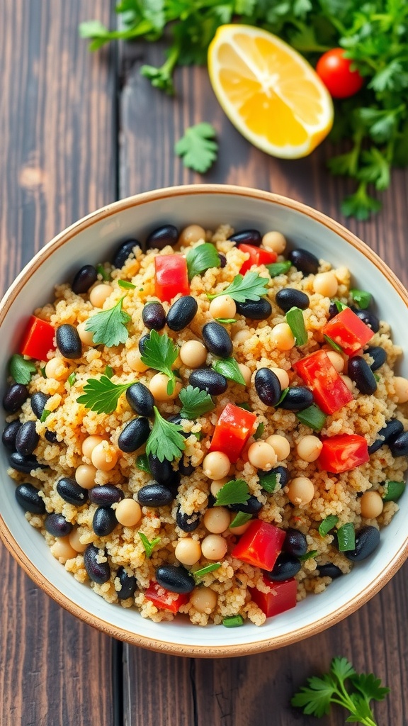 A colorful quinoa and three bean salad with black beans, kidney beans, chickpeas, and bell pepper on a wooden table.